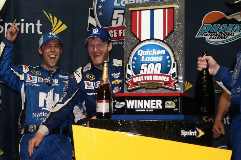 Dale Earnhardt Jr., driver of the #88 Nationwide Chevrolet, celebrates in victory lane after winning the rain-shortened NASCAR Sprint Cup Series Quicken Loans Race for Heroes 500 at Phoenix International Raceway on November 15, 2015 in Avondale, Arizona. Dale Earnhardt Jr., driver of the #88 Nationwide Chevrolet, celebrates in victory lane after winning the rain-shortened NASCAR Sprint Cup Series Quicken Loans Race for Heroes 500 at Phoenix International Raceway on November 15, 2015 in Avondale, Arizona.