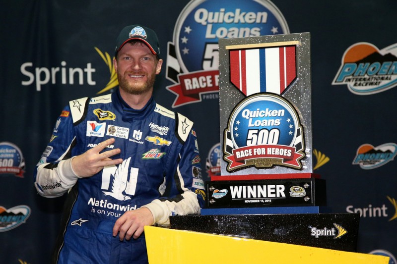 Dale Earnhardt Jr., driver of the #88 Nationwide Chevrolet, celebrates in victory lane after winning the rain-shortened NASCAR Sprint Cup Series Quicken Loans Race for Heroes 500 at Phoenix International Raceway on November 15, 2015 in Avondale, Arizona. Dale Earnhardt Jr., driver of the #88 Nationwide Chevrolet, celebrates in victory lane after winning the rain-shortened NASCAR Sprint Cup Series Quicken Loans Race for Heroes 500 at Phoenix International Raceway on November 15, 2015 in Avondale, Arizona.