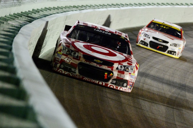 Kyle Larson, driver of the #42 Target Plaid Chevrolet, leads a pack of cars during the NASCAR Sprint Cup Series Ford EcoBoost 400 at Homestead-Miami Speedway on November 22, 2015 in Homestead, Florida. Kyle Larson, driver of the #42 Target Plaid Chevrolet, leads a pack of cars during the NASCAR Sprint Cup Series Ford EcoBoost 400 at Homestead-Miami Speedway on November 22, 2015 in Homestead, Florida.