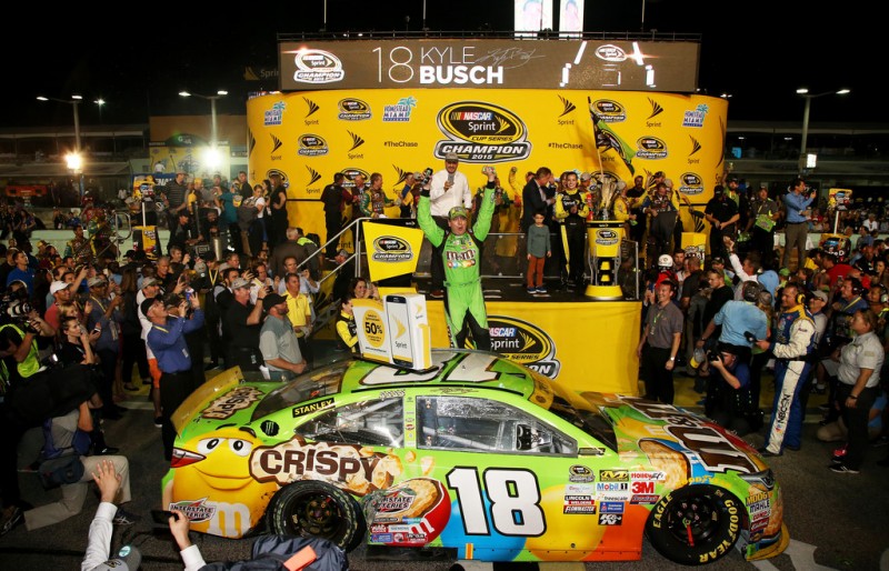 Kyle Busch, driver of the #18 M&M's Crispy Toyota, celebrates winning the series championship and the race in Victory Lane after the NASCAR Sprint Cup Series Ford EcoBoost 400 at Homestead-Miami Speedway on November 22, 2015 in Homestead, Florida. Kyle Busch, driver of the #18 M&M's Crispy Toyota, celebrates winning the series championship and the race in Victory Lane after the NASCAR Sprint Cup Series Ford EcoBoost 400 at Homestead-Miami Speedway on November 22, 2015 in Homestead, Florida.