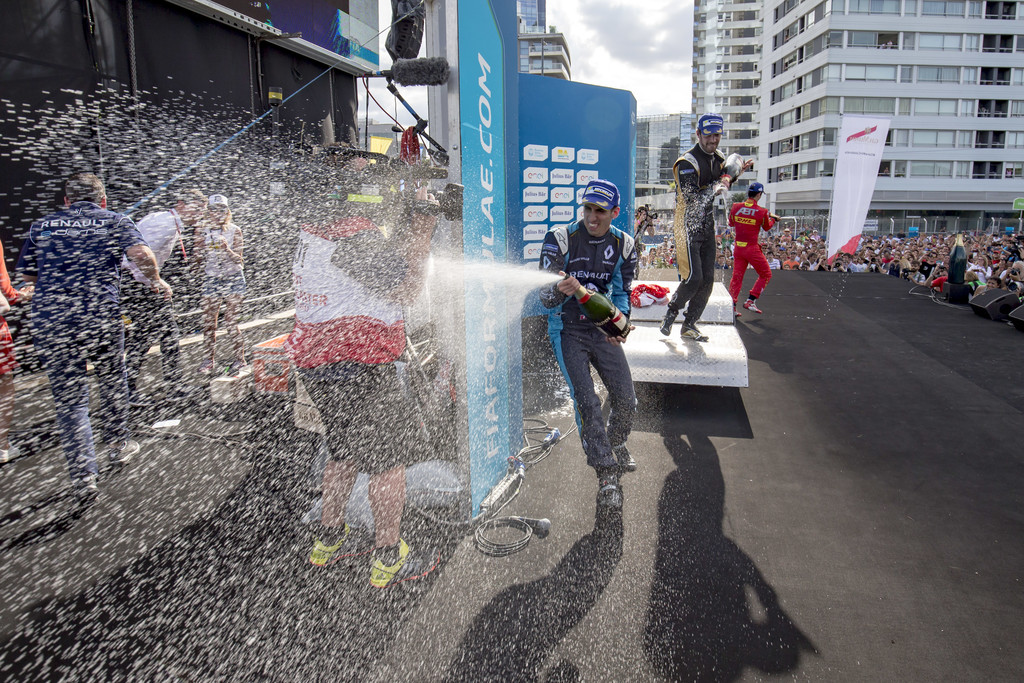 In this handout image provided by Formula E, Sebastien Buemi (SUI), Renault e.Dams, Spark-Renault, Renault Z.E 16, podium during the FIA Formula E Championship Buenos Aires ePrix on February 18, 2016 in Buenos Aires, Argentina. In this handout image provided by Formula E, Sebastien Buemi (SUI), Renault e.Dams, Spark-Renault, Renault Z.E 16, podium during the FIA Formula E Championship Buenos Aires ePrix on February 18, 2016 in Buenos Aires, Argentina.