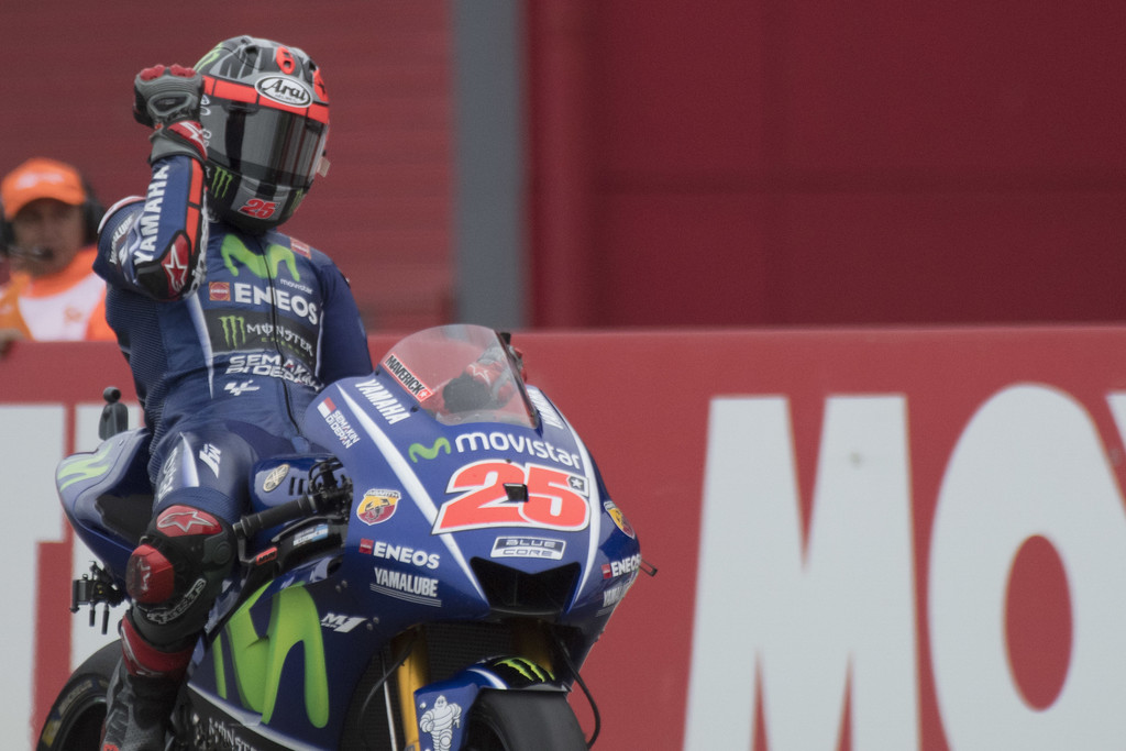 Maverick Vinales of Spain and Movistar Yamaha MotoGP celebrates the victory at the end of the MotoGP race during the MotoGp of Argentina - Race on April 9, 2017 in Rio Hondo, Argentina. Maverick Vinales of Spain and Movistar Yamaha MotoGP celebrates the victory at the end of the MotoGP race during the MotoGp of Argentina - Race on April 9, 2017 in Rio Hondo, Argentina.