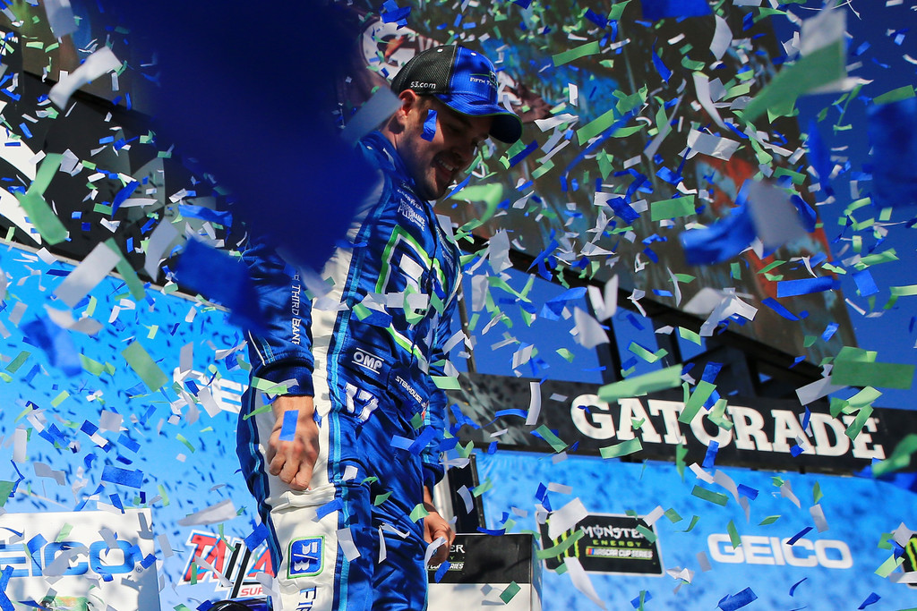 Ricky Stenhouse Jr., driver of the #17 Fifth Third Bank Ford, celebrates in Victory Lane after winning the Monster Energy NASCAR Cup Series GEICO 500 at Talladega Superspeedway on May 7, 2017 in Talladega, Alabama. Ricky Stenhouse Jr., driver of the #17 Fifth Third Bank Ford, celebrates in Victory Lane after winning the Monster Energy NASCAR Cup Series GEICO 500 at Talladega Superspeedway on May 7, 2017 in Talladega, Alabama.