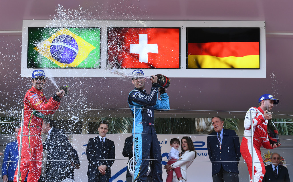 In this handout image supplied by Formula E, Sebastien Buemi (SUI), Renault e.Dams, Spark-Renault, Renault Z.E 16, 1st; Lucas Di Grassi (BRA), ABT Schaeffler Audi Sport, Spark-Abt Sportsline, ABT Schaeffler FE02, 2nd; Nick Heidfeld (GER), Mahindra Racing, Spark-Mahindra, Mahindra M3ELECTRO, 3rd, n the podium during the FIA Formula E Championship Monaco ePrix on May 13, 2017 in Monte-Carlo, Monaco. In this handout image supplied by Formula E, Sebastien Buemi (SUI), Renault e.Dams, Spark-Renault, Renault Z.E 16, 1st; Lucas Di Grassi (BRA), ABT Schaeffler Audi Sport, Spark-Abt Sportsline, ABT Schaeffler FE02, 2nd; Nick Heidfeld (GER), Mahindra Racing, Spark-Mahindra, Mahindra M3ELECTRO, 3rd, n the podium during the FIA Formula E Championship Monaco ePrix on May 13, 2017 in Monte-Carlo, Monaco.