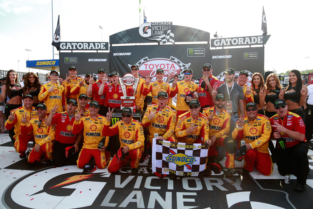 Joey Logano, driver of the #22 Shell Pennzoil Ford, celebrates with his team in Victory Lane after winning the Monster Energy NASCAR Cup Series Toyota Owners 400 at Richmond International Raceway on April 30, 2017 in Richmond, Virginia. Joey Logano, driver of the #22 Shell Pennzoil Ford, celebrates with his team in Victory Lane after winning the Monster Energy NASCAR Cup Series Toyota Owners 400 at Richmond International Raceway on April 30, 2017 in Richmond, Virginia.