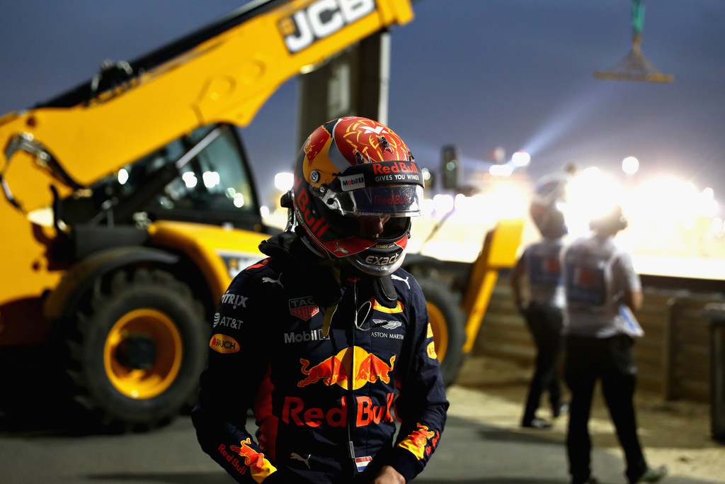 Max Verstappen of Netherlands and Red Bull Racing walks away after crashing into a barrier during the Bahrain Formula One Grand Prix at Bahrain International Circuit on April 16, 2017 in Bahrain, Bahrain. Max Verstappen of Netherlands and Red Bull Racing walks away after crashing into a barrier during the Bahrain Formula One Grand Prix at Bahrain International Circuit on April 16, 2017 in Bahrain, Bahrain.