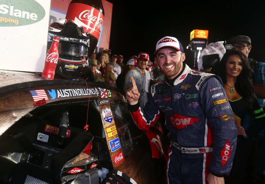Austin Dillon, driver of the #3 DOW Salutes Veterans Chevrolet, poses for a photo with the winner's decal in Victory Lane during the Monster Energy NASCAR Cup Series Coca-Cola 600 at Charlotte Motor Speedway on May 28, 2017 in Charlotte, North Carolina. Austin Dillon, driver of the #3 DOW Salutes Veterans Chevrolet, poses for a photo with the winner's decal in Victory Lane during the Monster Energy NASCAR Cup Series Coca-Cola 600 at Charlotte Motor Speedway on May 28, 2017 in Charlotte, North Carolina.
