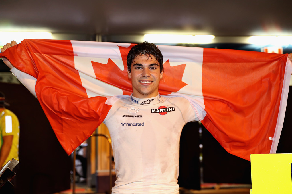 Lance Stroll of Canada and Williams celebrates his first podium and finishing in third place during the Azerbaijan Formula One Grand Prix at Baku City Circuit on June 25, 2017 in Baku, Azerbaijan. Lance Stroll of Canada and Williams celebrates his first podium and finishing in third place during the Azerbaijan Formula One Grand Prix at Baku City Circuit on June 25, 2017 in Baku, Azerbaijan.