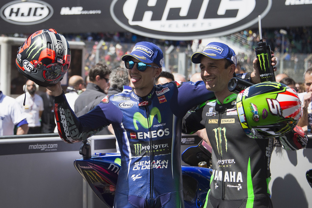 Maverick Vinales of Spain and Movistar Yamaha MotoGP and Johann Zarco of France and Monster Yamaha Tech 3 celebrate under the podium at the end of the MotoGP race during the MotoGp of France - Race on May 21, 2017 in Le Mans, France. Maverick Vinales of Spain and Movistar Yamaha MotoGP and Johann Zarco of France and Monster Yamaha Tech 3 celebrate under the podium at the end of the MotoGP race during the MotoGp of France - Race on May 21, 2017 in Le Mans, France.