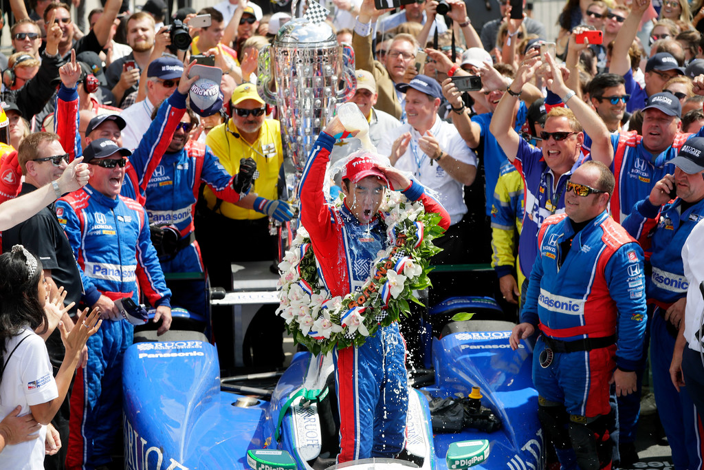 Takuma Sato of Japan, driver of the #26 Andretti Autosport Honda, celebrates in Victory Lane after winning the 101st running of the Indianapolis 500 at Indianapolis Motorspeedway on May 28, 2017 in Indianapolis, Indiana. Takuma Sato of Japan, driver of the #26 Andretti Autosport Honda, celebrates in Victory Lane after winning the 101st running of the Indianapolis 500 at Indianapolis Motorspeedway on May 28, 2017 in Indianapolis, Indiana.