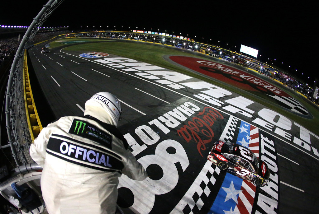 Austin Dillon, driver of the #3 DOW Salutes Veterans Chevrolet, takes the checkered flag to win the Monster Energy NASCAR Cup Series Coca-Cola 600 at Charlotte Motor Speedway on May 28, 2017 in Charlotte, North Carolina. Austin Dillon, driver of the #3 DOW Salutes Veterans Chevrolet, takes the checkered flag to win the Monster Energy NASCAR Cup Series Coca-Cola 600 at Charlotte Motor Speedway on May 28, 2017 in Charlotte, North Carolina.