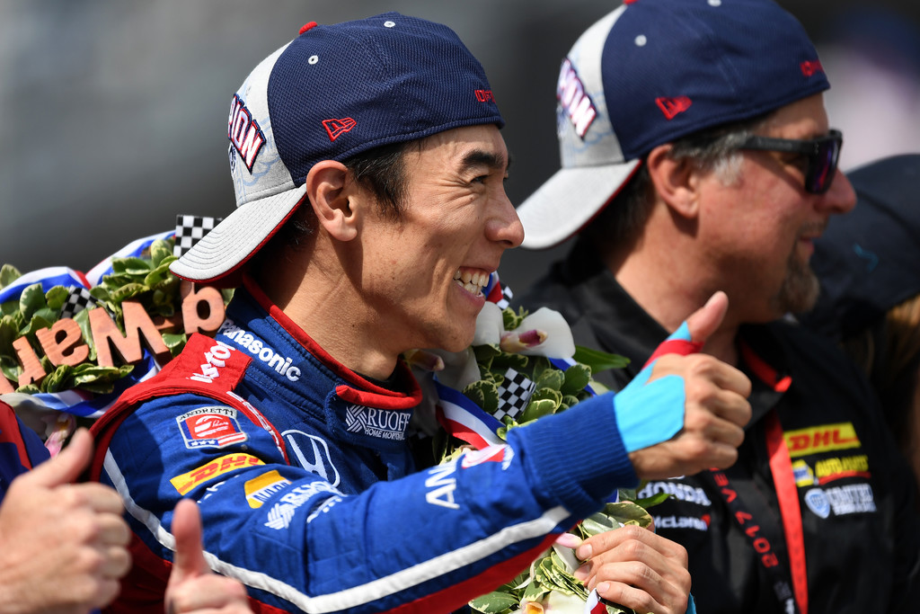 Takuma Sato of Japan, driver of the #26 Andretti Autosport Honda, celebrates after winning the 101st Indianapolis 500 at Indianapolis Motorspeedway on May 28, 2017 in Indianapolis, Indiana. Takuma Sato of Japan, driver of the #26 Andretti Autosport Honda, celebrates after winning the 101st Indianapolis 500 at Indianapolis Motorspeedway on May 28, 2017 in Indianapolis, Indiana.
