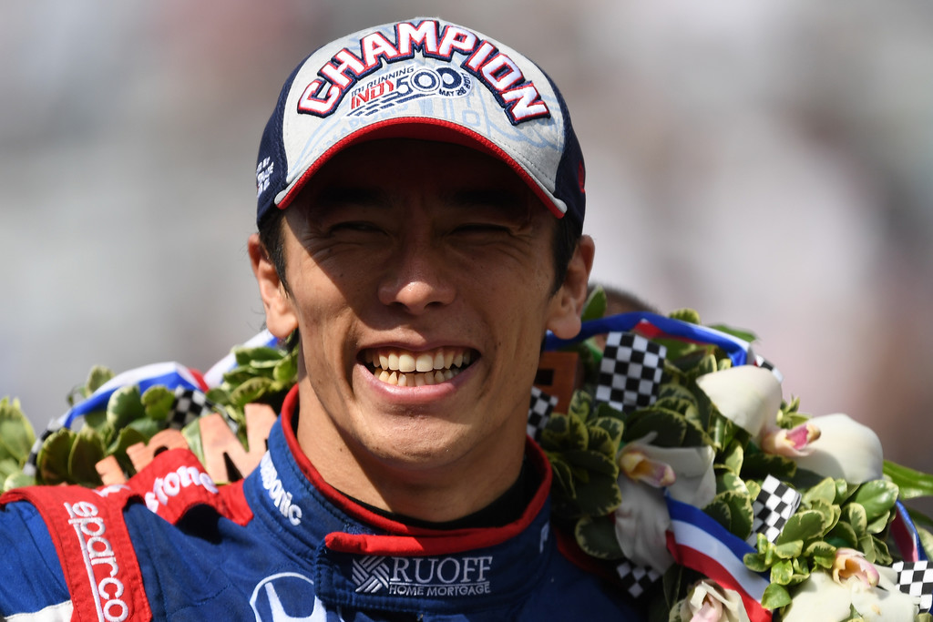 Takuma Sato of Japan, driver of the #26 Andretti Autosport Honda, celebrates after winning the 101st Indianapolis 500 at Indianapolis Motorspeedway on May 28, 2017 in Indianapolis, Indiana. Takuma Sato of Japan, driver of the #26 Andretti Autosport Honda, celebrates after winning the 101st Indianapolis 500 at Indianapolis Motorspeedway on May 28, 2017 in Indianapolis, Indiana.