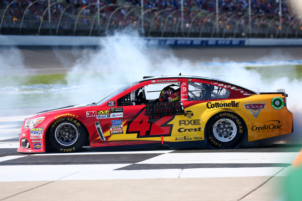 Kyle Larson, driver of the #42 Cars 3/Target Chevrolet, celebrates in with a burnout after winning the Monster Energy NASCAR Cup Series FireKeepers Casino 400 at Michigan International Speedway on June 18, 2017 in Brooklyn, Michigan. Kyle Larson, driver of the #42 Cars 3/Target Chevrolet, celebrates in with a burnout after winning the Monster Energy NASCAR Cup Series FireKeepers Casino 400 at Michigan International Speedway on June 18, 2017 in Brooklyn, Michigan.