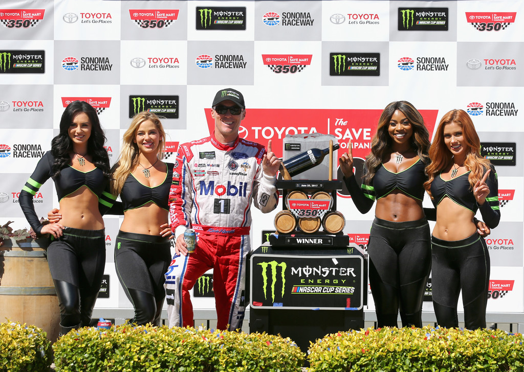 Kevin Harvick, driver of the #4 Mobil 1 Ford, poses with the trophy in voctory lane after winning the Monster Energy NASCAR Cup Series Toyota/Save Mart 350 at Sonoma Raceway on June 25, 2017 in Sonoma, California. Kevin Harvick, driver of the #4 Mobil 1 Ford, poses with the trophy in voctory lane after winning the Monster Energy NASCAR Cup Series Toyota/Save Mart 350 at Sonoma Raceway on June 25, 2017 in Sonoma, California.