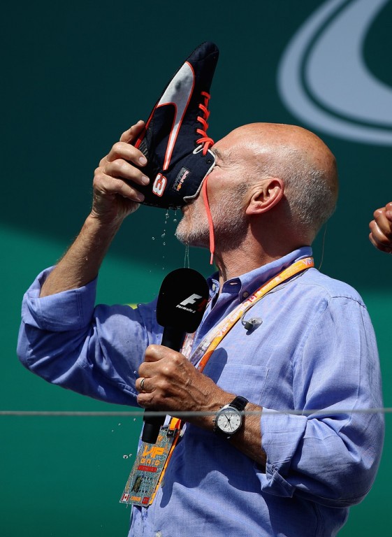 Actor Sir Patrick Stewart enjoys a shoey on the podium during the Canadian Formula One Grand Prix at Circuit Gilles Villeneuve on June 11, 2017 in Montreal, Canada. Actor Sir Patrick Stewart enjoys a shoey on the podium during the Canadian Formula One Grand Prix at Circuit Gilles Villeneuve on June 11, 2017 in Montreal, Canada.