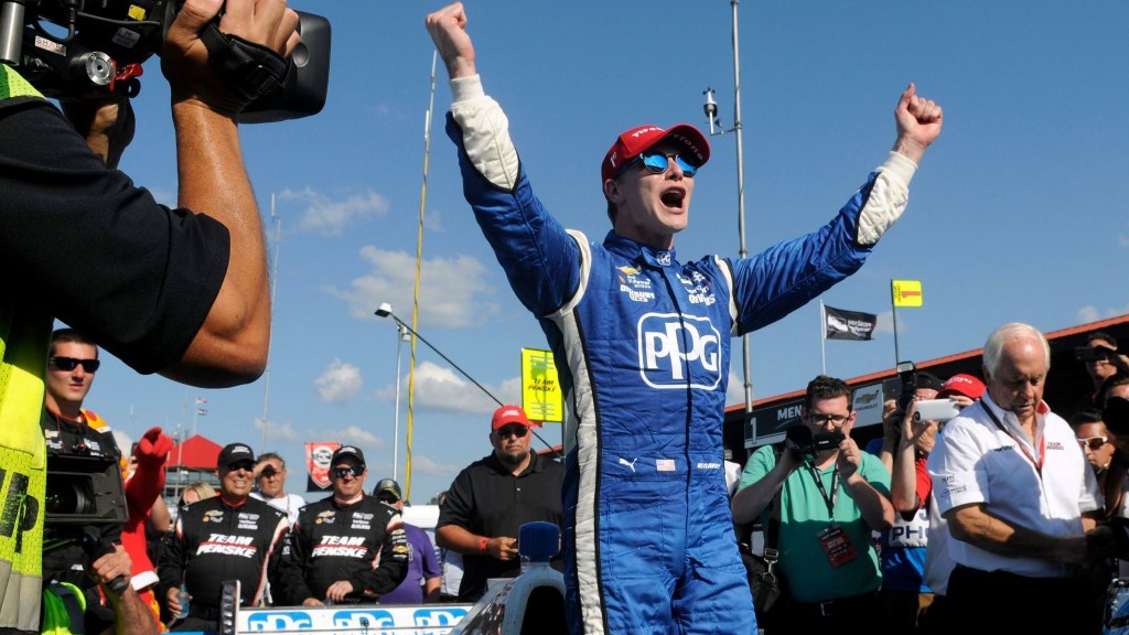 IndyCar driver Josef Newgarden celebrates after winning the Honda Indy 200 at Mid-Ohio Sports Car Course on Sunday. IndyCar driver Josef Newgarden celebrates after winning the Honda Indy 200 at Mid-Ohio Sports Car Course on Sunday.