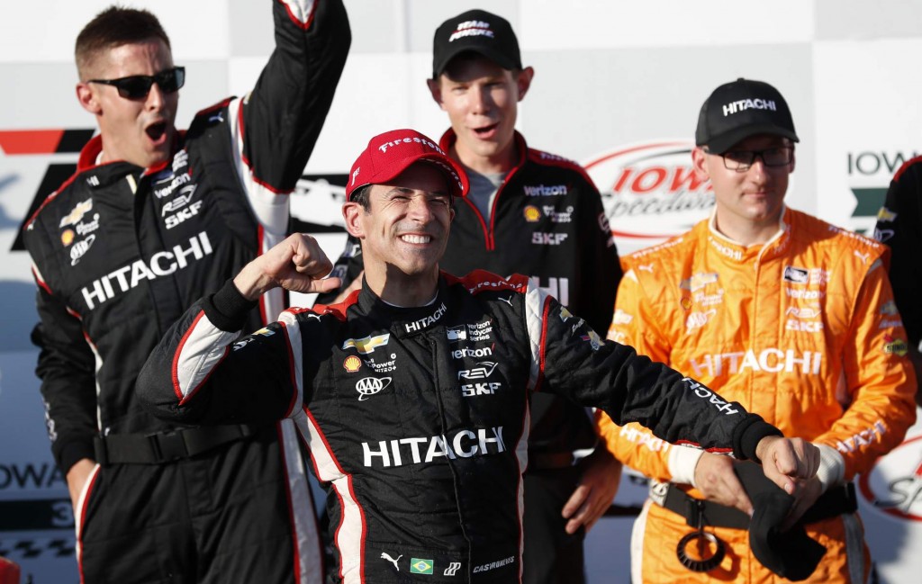 Helio Castroneves celebrates after winning Sunday at Iowa Speedway. Helio Castroneves celebrates after winning Sunday at Iowa Speedway.