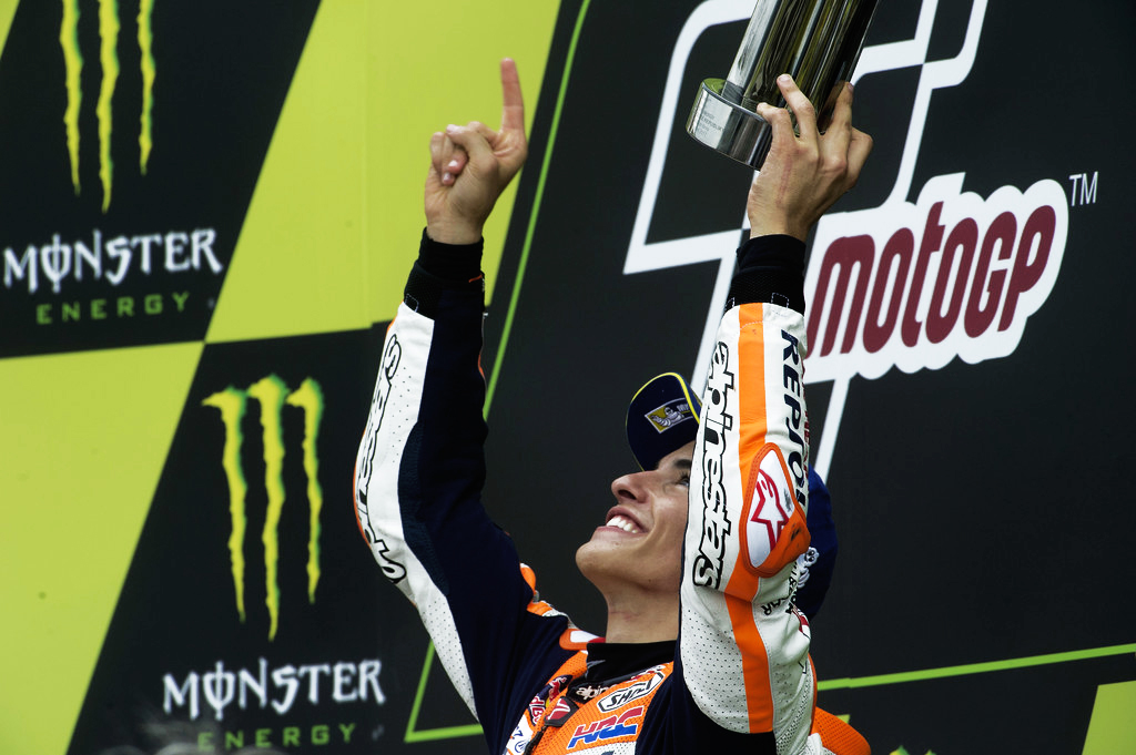 Marc Marquez of Spain and Repsol Honda Team celebrates the victory on the podium at the end of the MotoGP race during the MotoGp of Czech Republic - Race at Brno Circuit on August 6, 2017 in Brno, Czech Republic. Marc Marquez of Spain and Repsol Honda Team celebrates the victory on the podium at the end of the MotoGP race during the MotoGp of Czech Republic - Race at Brno Circuit on August 6, 2017 in Brno, Czech Republic.