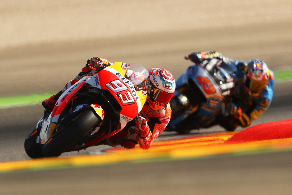 Marc Marquez of Spain and the Repsol Honda Team rides during warm-up before the MotoGP of Aragon at Motorland Aragon Circuit on September 24, 2017 in Alcaniz, Spain. Marc Marquez of Spain and the Repsol Honda Team rides during warm-up before the MotoGP of Aragon at Motorland Aragon Circuit on September 24, 2017 in Alcaniz, Spain.