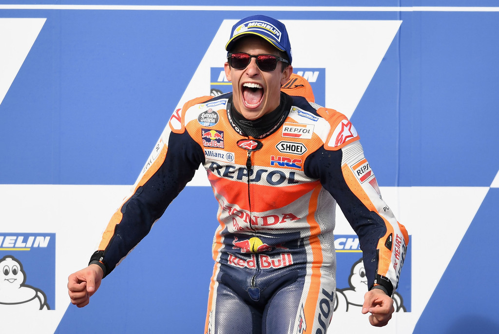 Marc Marquez of Spain who rode the #93 REPSOL HONDA TEAM Honda celebrates winning the 2017 MotoGP of Australia at Phillip Island Grand Prix Circuit on October 22, 2017 in Phillip Island, Australia. Marc Marquez of Spain who rode the #93 REPSOL HONDA TEAM Honda celebrates winning the 2017 MotoGP of Australia at Phillip Island Grand Prix Circuit on October 22, 2017 in Phillip Island, Australia.