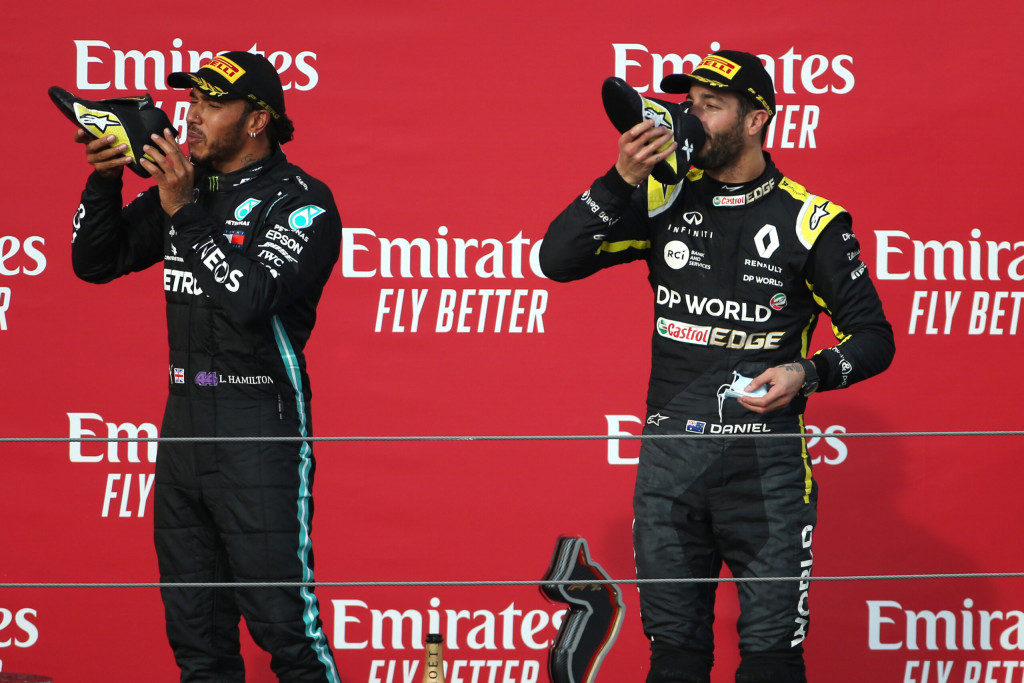 Race winner Lewis Hamilton Mercedes AMG F1 celebrates on the podium with third placed Daniel Ricciardo Renault F1 Team. Emilia Romagna Grand Prix, Sunday 1st November 2020. Imola, Italy. Race winner Lewis Hamilton Mercedes AMG F1 celebrates on the podium with third placed Daniel Ricciardo Renault F1 Team. Emilia Romagna Grand Prix, Sunday 1st November 2020. Imola, Italy.