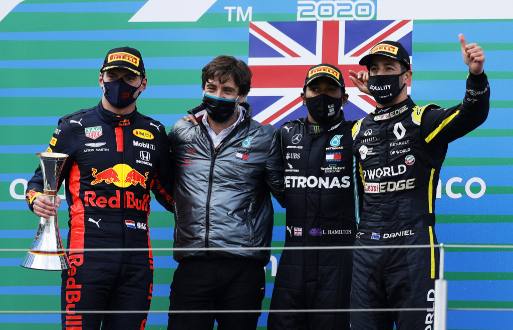 Race winner Lewis Hamilton of Great Britain and Mercedes GP, second placed Max Verstappen of Netherlands and Red Bull Racing and third placed Daniel Ricciardo of Australia and Renault Sport F1 celebrate on the podium during the F1 Eifel Grand Prix at Nuerburgring on October 11, 2020 in Nuerburg, Germany. Race winner Lewis Hamilton of Great Britain and Mercedes GP, second placed Max Verstappen of Netherlands and Red Bull Racing and third placed Daniel Ricciardo of Australia and Renault Sport F1 celebrate on the podium during the F1 Eifel Grand Prix at Nuerburgring on October 11, 2020 in Nuerburg, Germany.