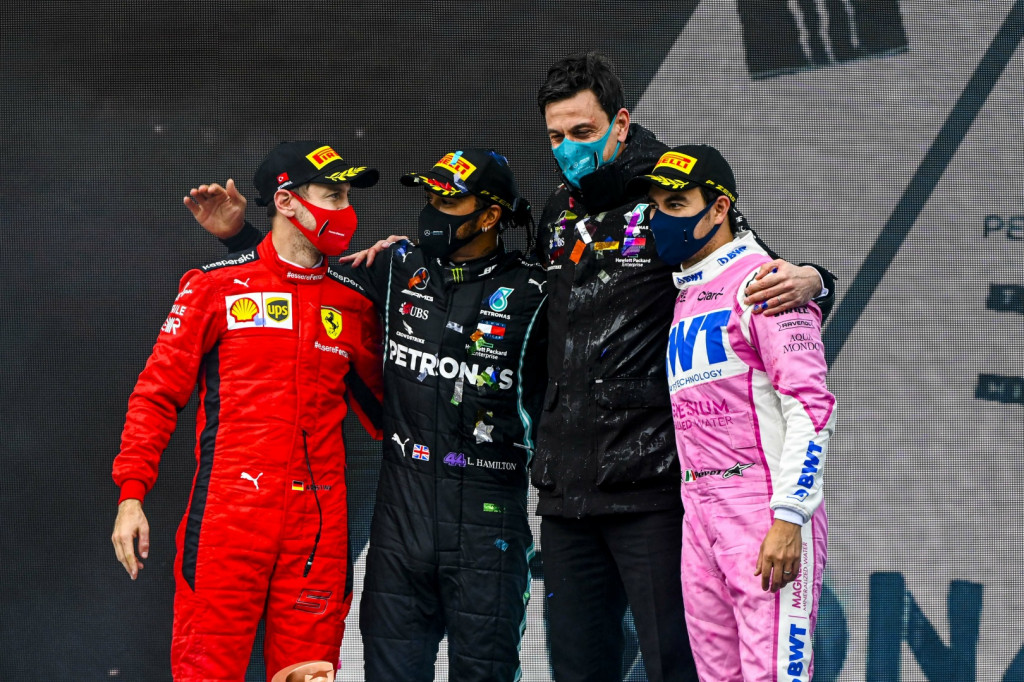 Lewis Hamilton sealed his seventh world championship with victory at a rain-affected Turkish Grand Prix. Sergio Perez and Sebastian Vettel joined him in the top three for their first podium finishes of the year. Lewis Hamilton sealed his seventh world championship with victory at a rain-affected Turkish Grand Prix. Sergio Perez and Sebastian Vettel joined him in the top three for their first podium finishes of the year.