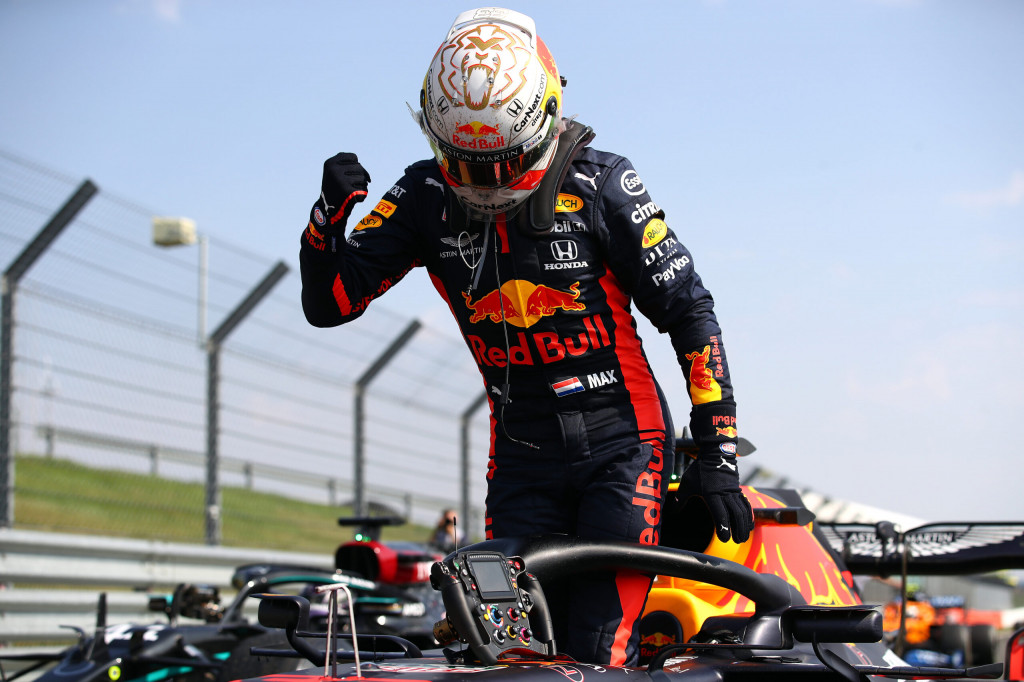 Race winner Max Verstappen of Netherlands and Red Bull Racing celebrates in parc ferme during the F1 70th Anniversary Grand Prix at Silverstone on August 09, 2020 in Northampton, England. Race winner Max Verstappen of Netherlands and Red Bull Racing celebrates in parc ferme during the F1 70th Anniversary Grand Prix at Silverstone on August 09, 2020 in Northampton, England.
