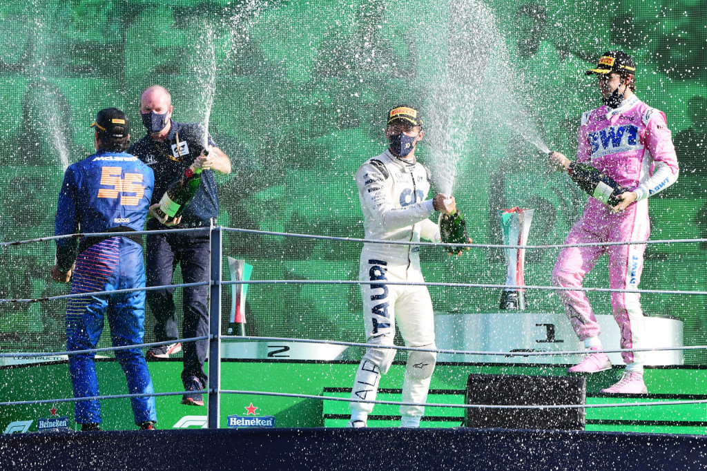 Race winner Pierre Gasly of France and Scuderia AlphaTauri, second placed Carlos Sainz of Spain and McLaren F1 and third placed Lance Stroll of Canada and Racing Point celebrate on the podium during the F1 Grand Prix of Italy at Autodromo di Monza on September 06, 2020 in Monza, Italy. Race winner Pierre Gasly of France and Scuderia AlphaTauri, second placed Carlos Sainz of Spain and McLaren F1 and third placed Lance Stroll of Canada and Racing Point celebrate on the podium during the F1 Grand Prix of Italy at Autodromo di Monza on September 06, 2020 in Monza, Italy.