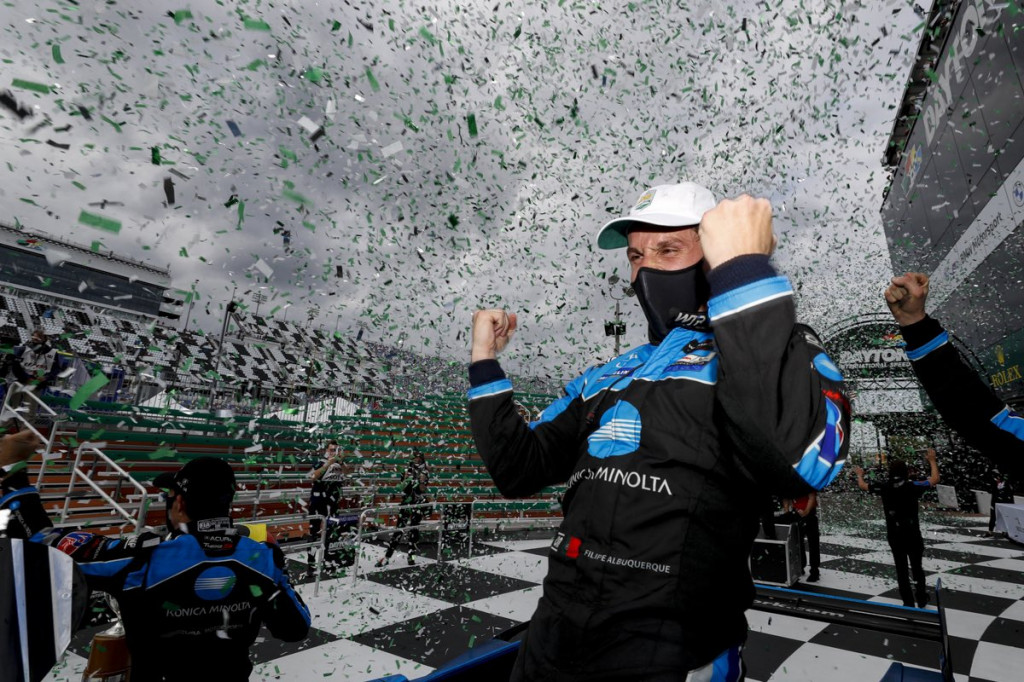 Filipe Albuquerque and his teammates Helio Castroneves, Alexander Rossi and Ricky Taylor celebrate victory in 2021 Rolex 24 at Daytona. Filipe Albuquerque and his teammates Helio Castroneves, Alexander Rossi and Ricky Taylor celebrate victory in 2021 Rolex 24 at Daytona.