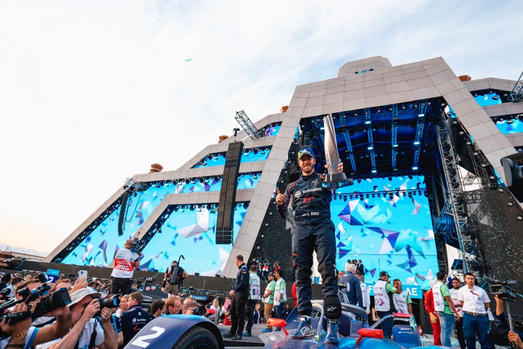 Sam Bird celebrates his first 2021 Formula E victory at Saudi Arabia. Sam Bird celebrates his first 2021 Formula E victory at Saudi Arabia.