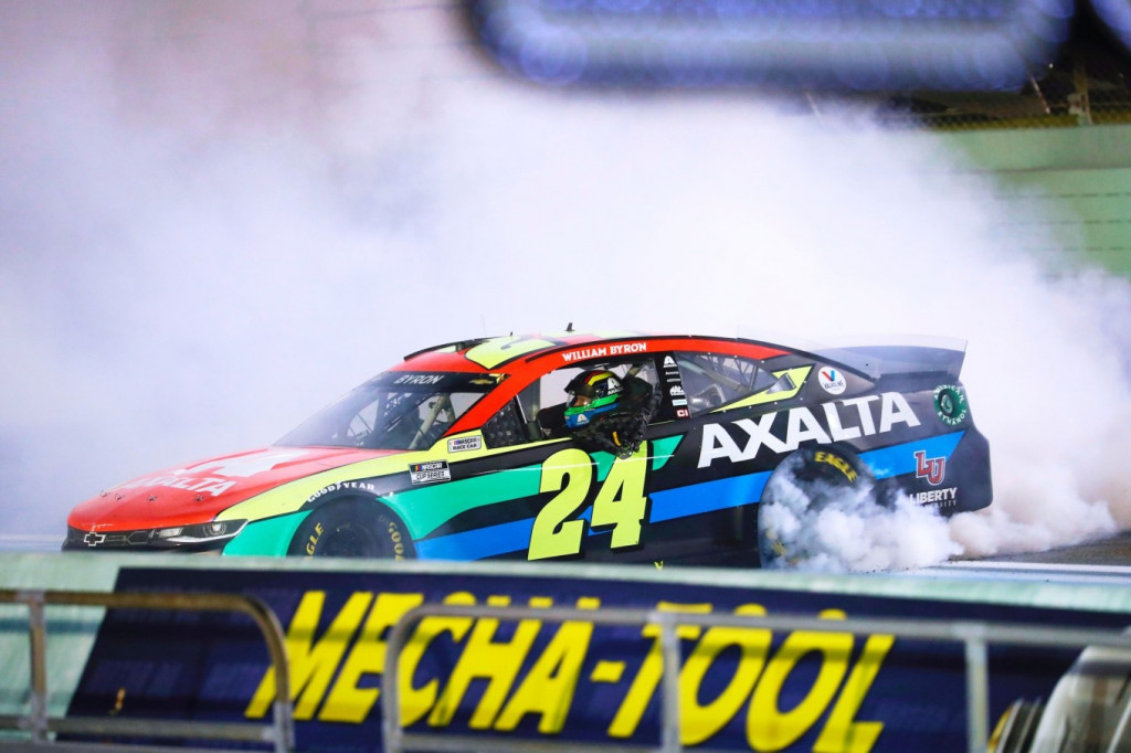 William Byron celebrates after winning Sunday's Dixie Vodka 400 at Homestead-Miami Speedway. William Byron celebrates after winning Sunday's Dixie Vodka 400 at Homestead-Miami Speedway.